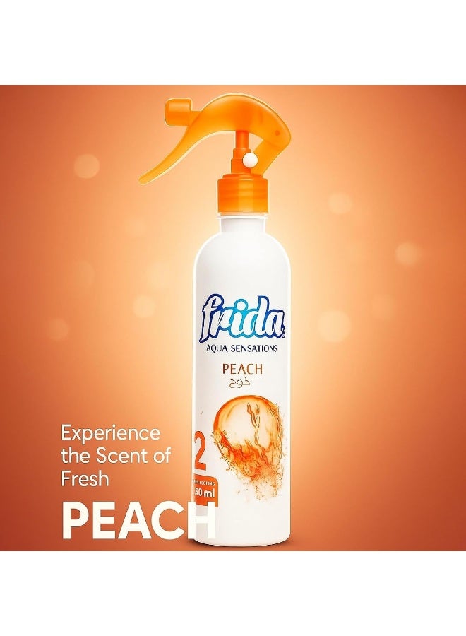 فريدا مجموعة من 3 قطع من معطر جو فريدا أكوا سينسيشنز برائحة الخوخ، 460 مل، أساس مائي، خالٍ من الكحول، متعدد الاستخدامات، مزيل للروائح الكريهة من الأقمشة والغرف والمنزل، يدوم طويلاً - Image 3